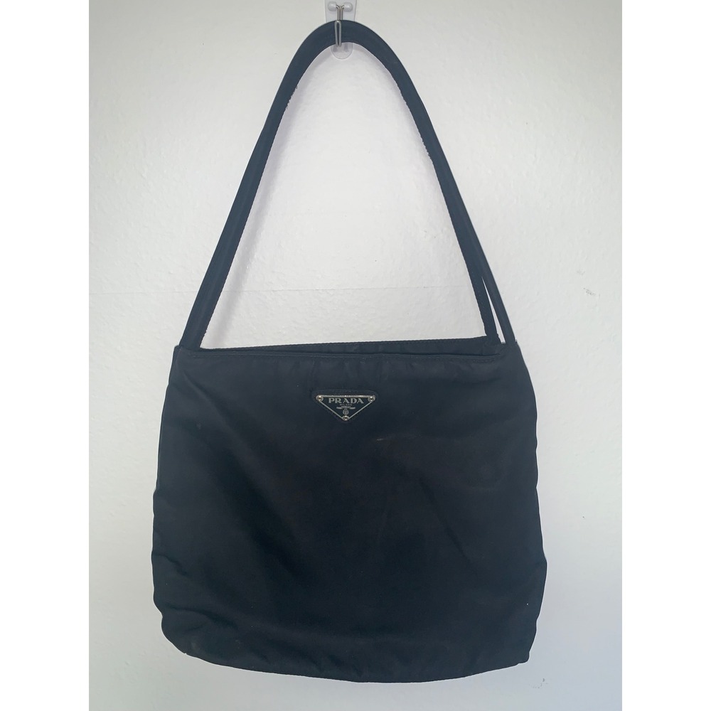 Prada Vintage 90s Tessuto Nylon Shoulder Bag Black Triangle Logo Handbag